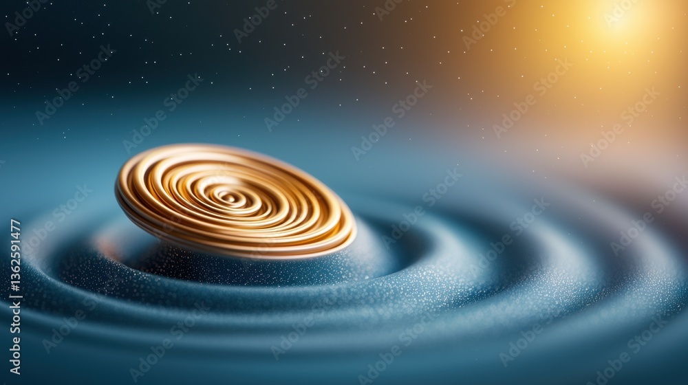 Poster a golden spiral shape floats on a tranquil blue surface, creating gentle ripples that shimmer under 