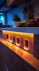 Integrated ports in a kitchen counter glowing warm light, with food on top, cozy atmosphere