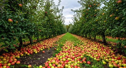 Fototapeta premium An idyllic apple orchard in autumn, with red and green apples scattered on the ground beneath the trees, AI Generated