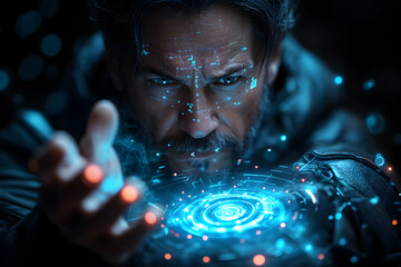 Intense gaze Man holds futuristic technology with glowing blue, red light