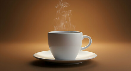 Obraz premium White Coffee Cup With Steam On Light Brown Background