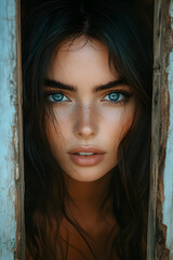 Intense gaze Eyes framed by weathered planks