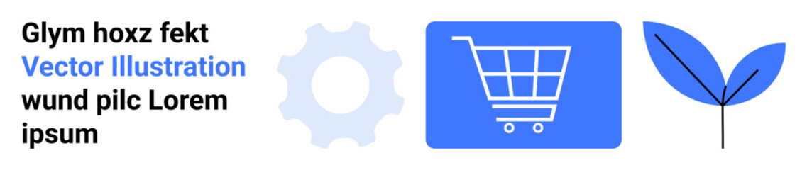 Shopping cart icon, gear, and leaf symbolize e-commerce, innovation, and eco-friendly practices. Ideal for technology, business operations, sustainability, eco-commerce online shopping innovation