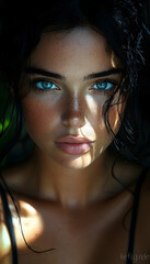 Intense portrait of a young woman with captivating blue eyes and sunlit face