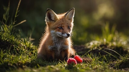Obraz premium A young fox sits on the grass, with red berries nearby, in a serene natural setting.