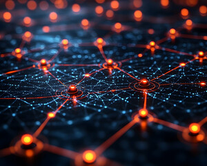 Interconnected network of dots and lines with glowing orange points on a dark surface
