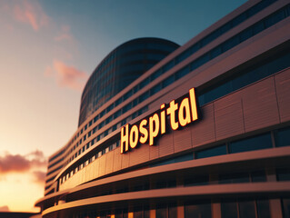 Obraz premium modern hospital building with prominent sign displaying word Hospital. structure features sleek lines and large windows, reflecting warm colors of sunset