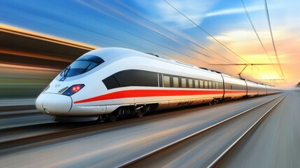 Fototapeta premium High-Speed Train in Motion Blurring Background with Vibrant Sunset Sky Above Rails