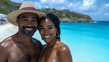 Happy couple poses on tropical beach with turquoise water