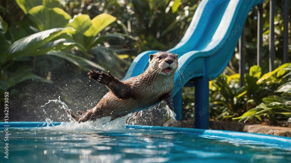 Poster an otter joyfully leaps from a slide into a pool surrounded by lush greenery.