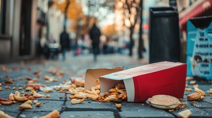 Urban Food Litter Scene Featuring Spilled Fast Food Items on the Sidewalk in Autumn