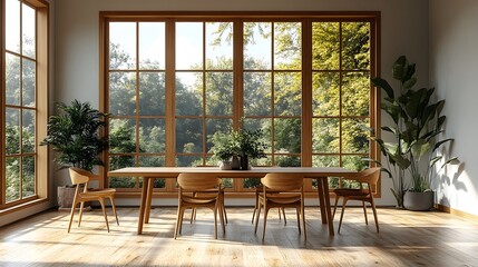 Minimalist dining space with a sleek wooden table soft natural lighting and modern aesthetic harmony 3D rendering illustration