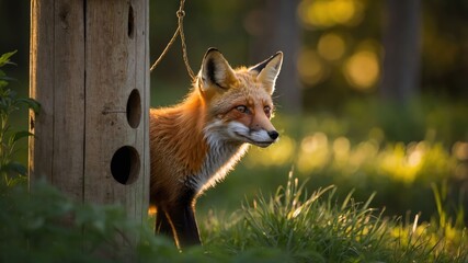 Obraz premium A red fox emerges from behind a wooden post in a sunlit forest setting.
