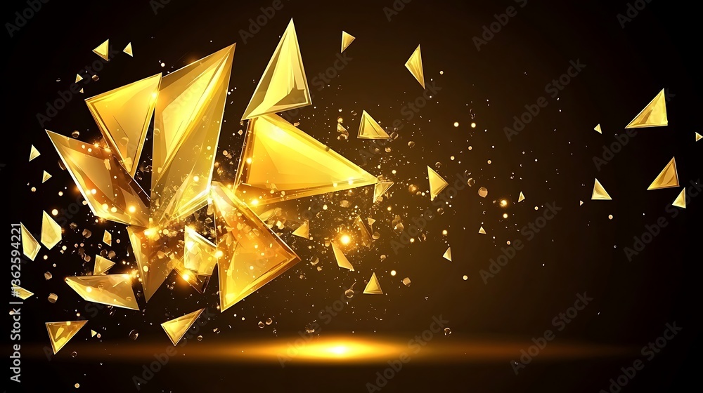 Poster exploding golden triangles scatter across a dark orange and black backdrop