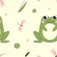 Decorative seamless pattern with frog and odonata, vector design, trendy nature