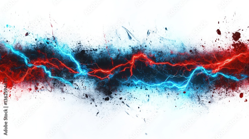 Poster row of abstract digital art of blue and red lightning streaks isolate on white background.