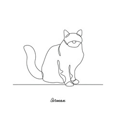 One continuous line drawing of Birman Cat vector illustration. Various of Cat themes design concept with simple linear style vector. Cats are domesticated mammals, loyalty and companionship to human.