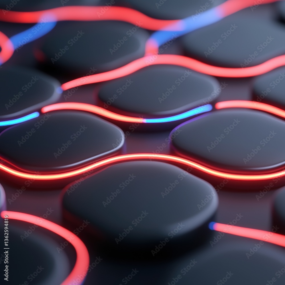 Poster a close-up of rounded black shapes intertwined with glowing red and blue lines, creating a modern, a