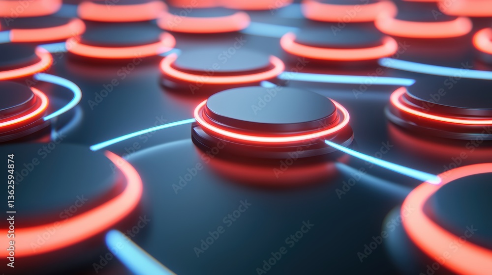 Poster a vibrant, futuristic design featuring illuminated circular buttons connected by glowing lines, crea