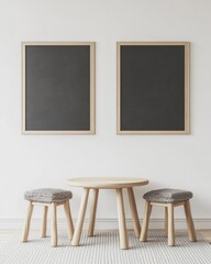 Minimalist room with table, stools, and blank frames.