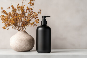 Minimalist black dispenser and beige vase with dried flowers on modern shelf
