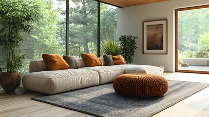 Cozy modern seating area with soft neutral fabrics warm wooden decor and natural light 3D rendering illustration