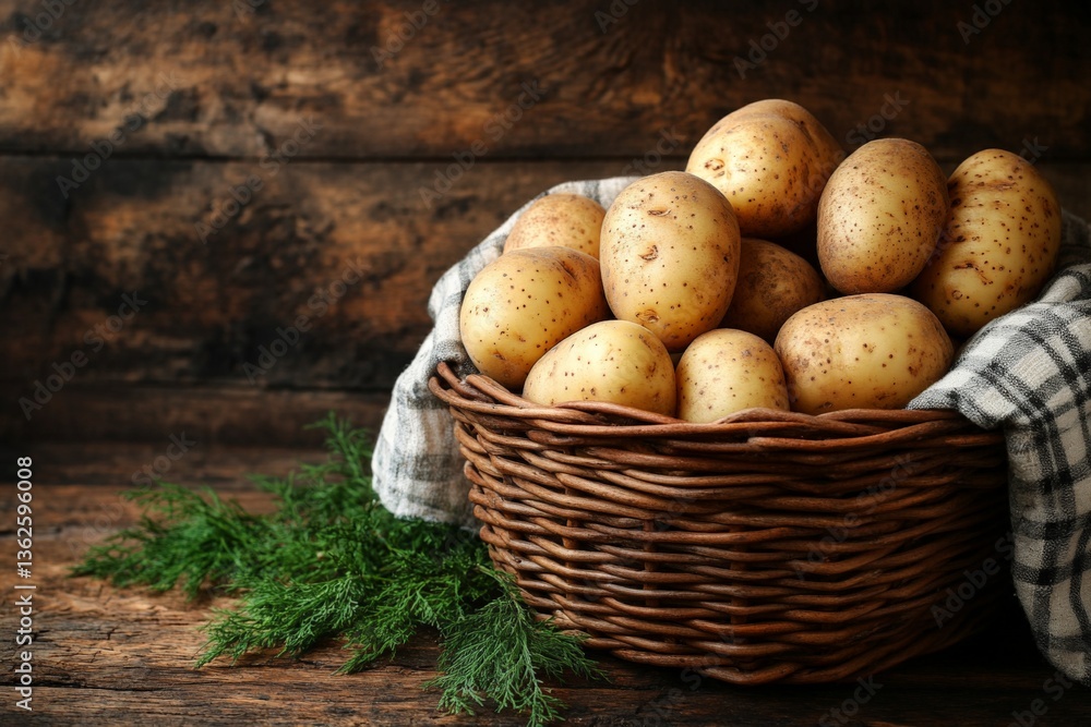 Aufkleber freshly harvested potatoes arranged in a rustic basket with herbs on wooden background