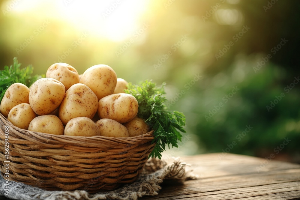 Poster freshly harvested potatoes in a wicker basket on a wooden table during golden hour in a rustic outdo