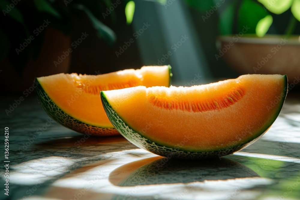 Poster fresh cantaloupe slices resting on a marble surface with sunlight illuminating their vibrant color