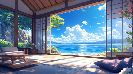 Fototapeta premium Serene beach view from a modern Japanese-style interior with ocean hues.