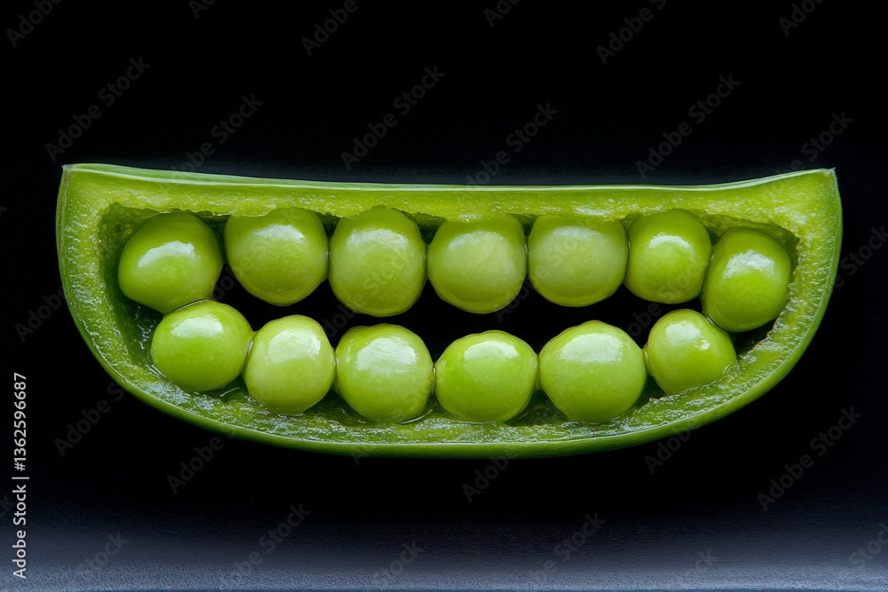Poster interesting view of a green pea pod cut in half revealing peas that resemble a smile on a dark backg