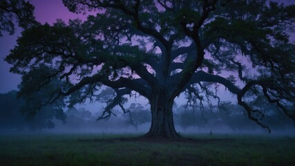 Obraz premium A majestic tree stands alone in a misty landscape at dusk, creating a serene atmosphere.