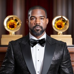 Elegant Black Man in Tuxedo with Grammy Awards in Background, Capturing the Essence of Celebration