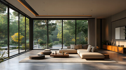 Luxury home featuring folding floor-to-ceiling windows allowing natural light to fill the space 3D rendering illustration