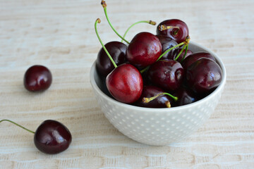 A bowl of fresh, ripe, red cherries