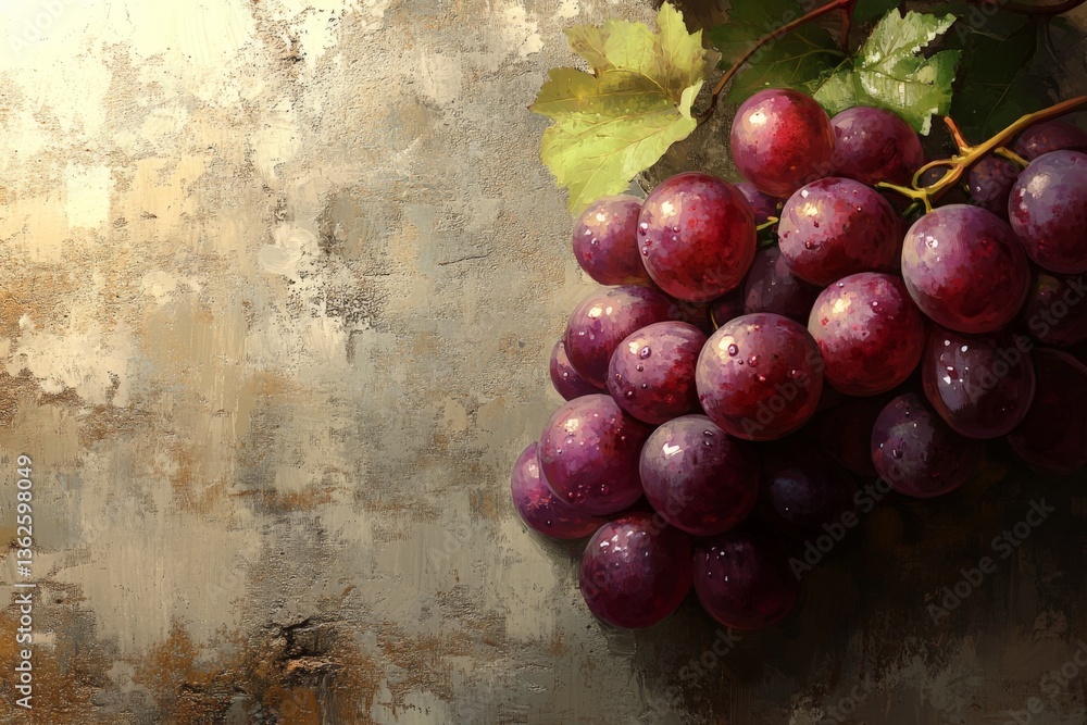 Poster freshly harvested purple grapes resting on a textured surface with dew drops in a natural light sett