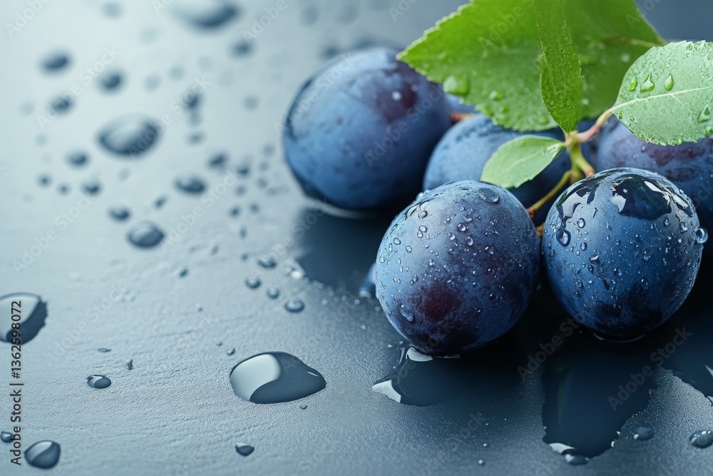 Poster fresh plums with water droplets on a dark surface highlighting their vibrant color and natural textu