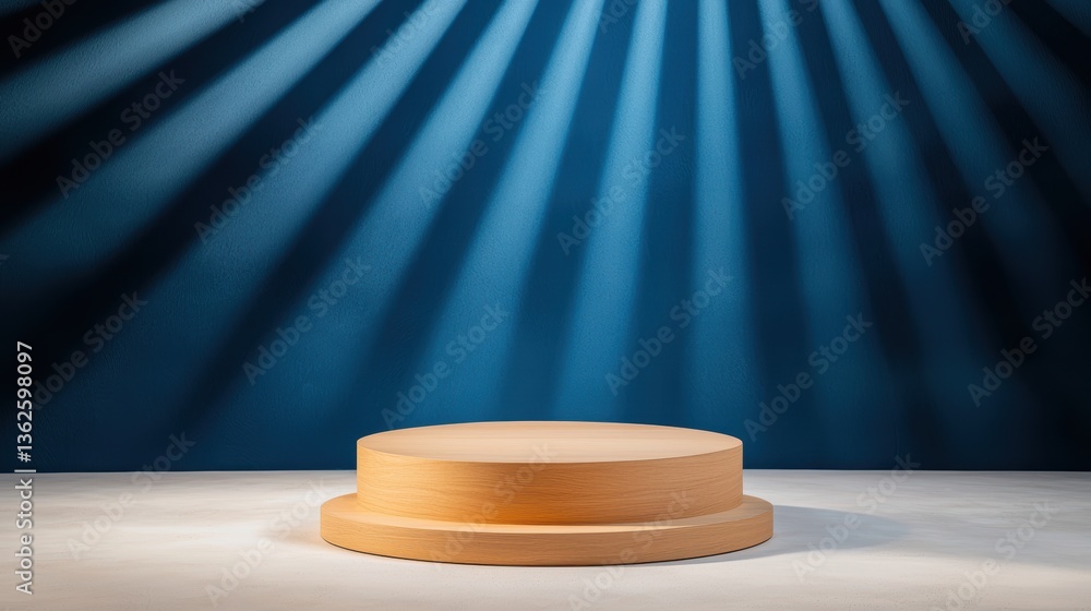 Poster a minimalist wooden podium is illuminated by dramatic light rays against a dark blue background, cre