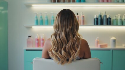 A woman is comfortably seated in a chair at a busy hair salon