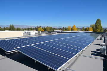 solar panel array is installed on the roof of a building. The panels are angled to capture the most sunlight possible