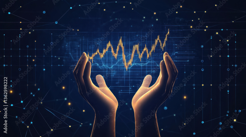 Poster hands elevate a glowing graph symbolizing growth and success in an advanced technological environmen