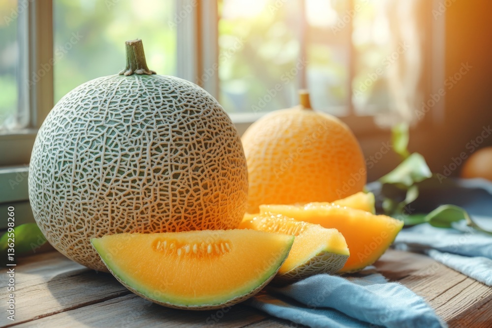 Poster Fresh melons arranged on a wooden table by the window in soft afternoon light