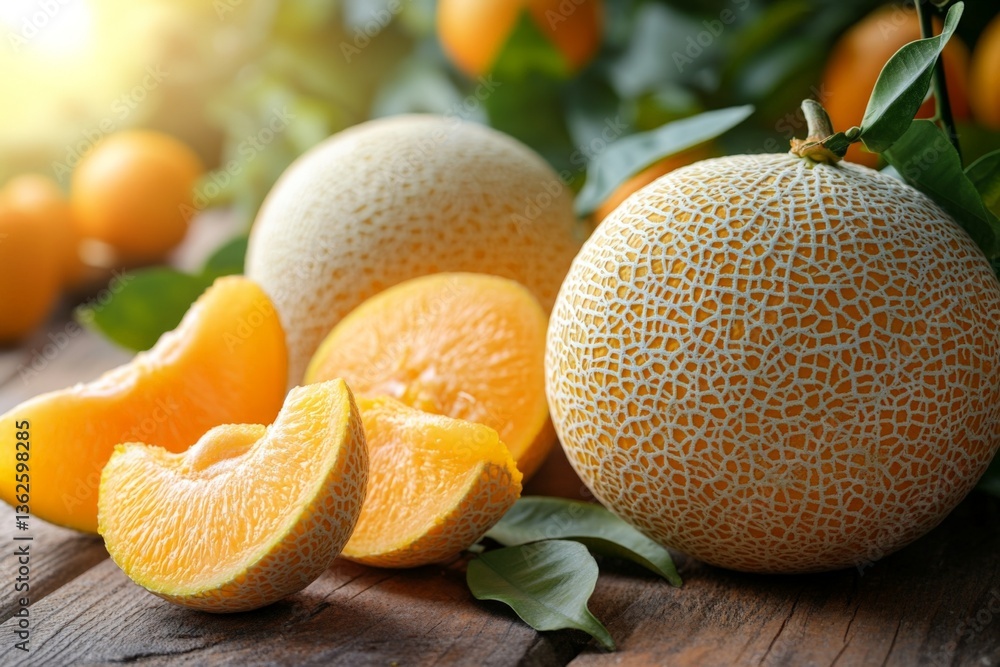 Aufkleber freshly cut melons showcasing juicy textures and vibrant colors in a rustic setting bathed in warm l