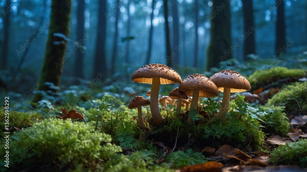 Aufkleber a serene forest scene featuring mushrooms surrounded by moss and trees in a misty atmosphere.