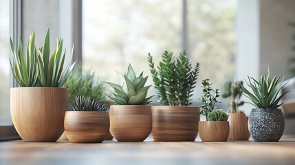 Fototapeta premium Assortment of plants in pots on a wooden floor, light room, window backdrop