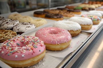 Delicious Assortment of Sprinkled Donuts in a Glass Display Case