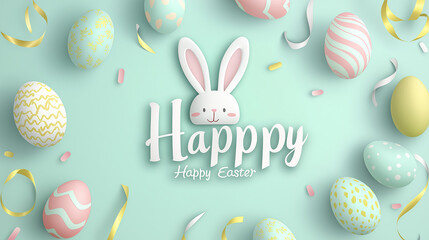 Cute white rabbit head with pink ears appears among colorful Easter eggs, golden and white ribbons, confetti on light green background, “Happy Easter” text for festive celebration
