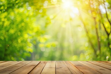 Serene summer morning in a lush green forest, sunlit wooden planks inviting peaceful contemplation, soft bokeh effect.