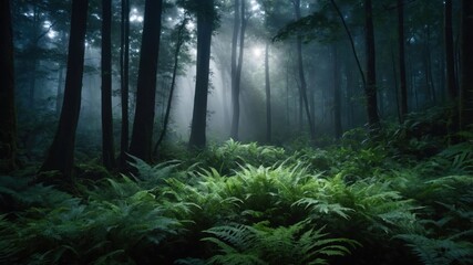 Fototapeta premium A serene forest scene with mist, ferns, and tall trees, evoking tranquility and nature's beauty.