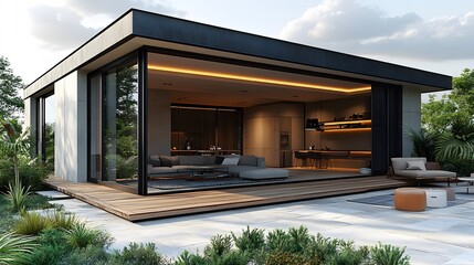 Fototapeta premium Luxury penthouse featuring stylish folding glass walls seamless indoor-outdoor living 3D rendering illustration